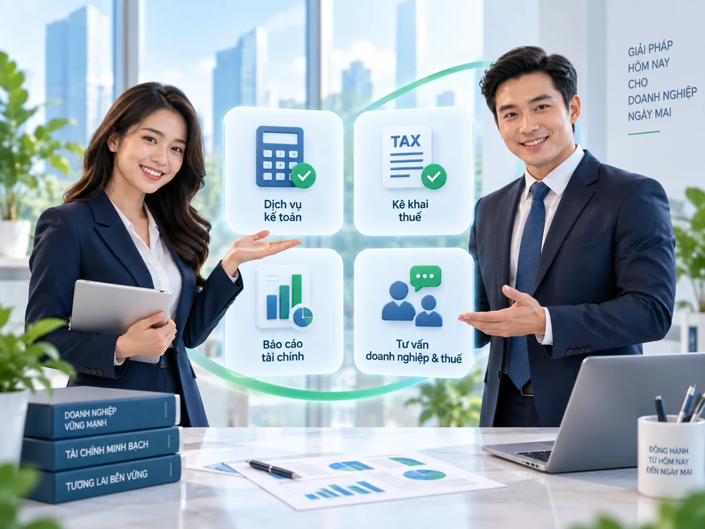 Minh họa các nhóm dịch vụ kế toán, kê khai thuế, báo cáo tài chính và tư vấn doanh nghiệp